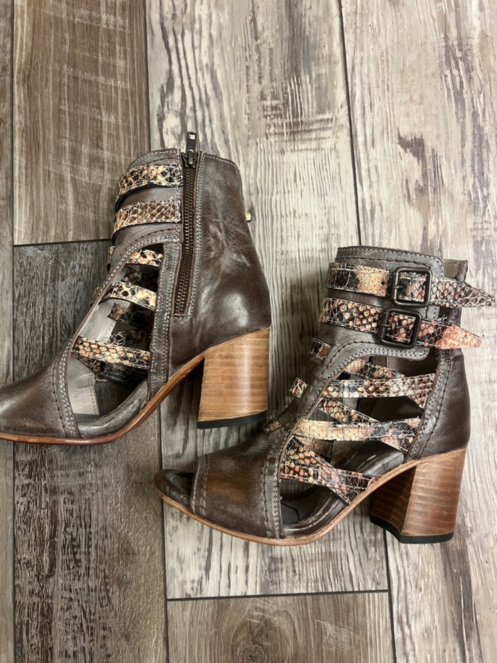 Freebird by Steven Women's Brown Cutout Heeled Sandals with Snake-Print Straps